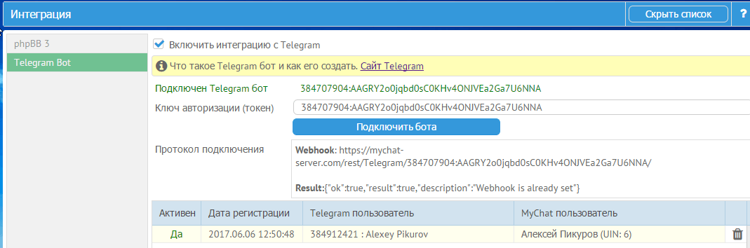 Подключение бота Телеграм на сервере MyChat