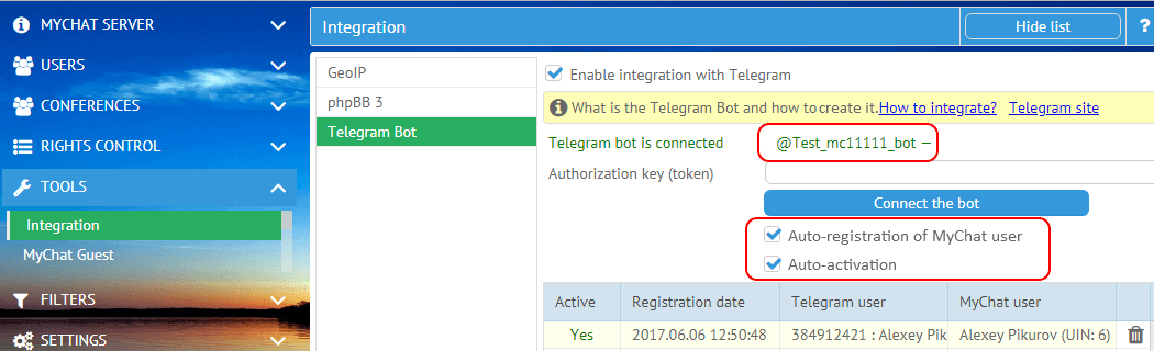Auto-registration and auto-activation of Telegram user on MyChat Server