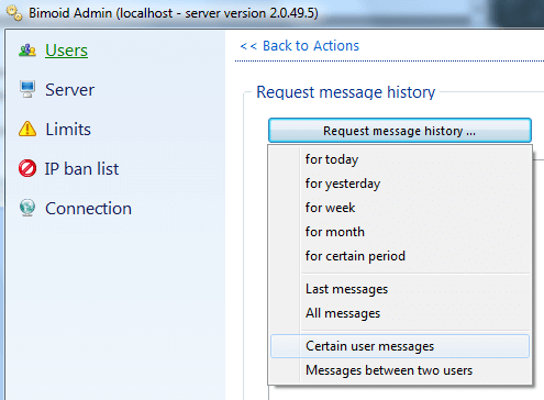 Requesting a message history in Bimoid Admin Panel