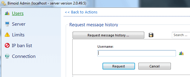 Choosing a user to view message history in Bimoid Admin Panel