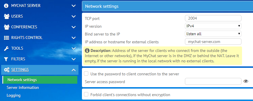 MyChat Server network settings