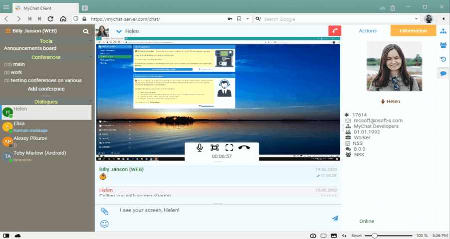 A screen-sharing call from MyChat for Android to a WEB user