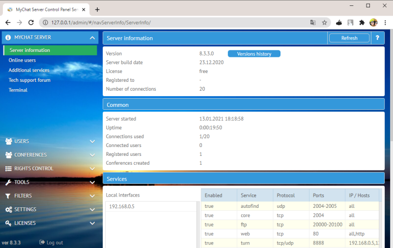 MyChat Server Admin Panel, interface