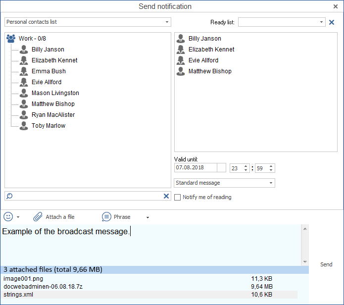 Choosing recipients of the MyChat Client broadcast