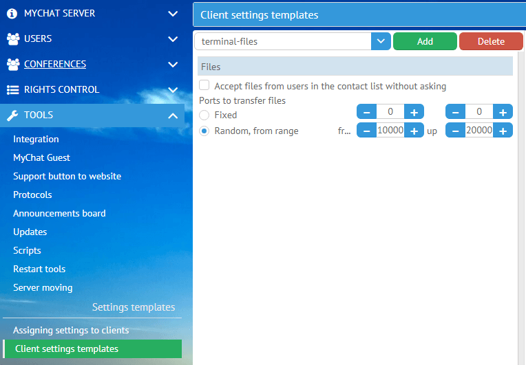 Creating a new template for terminal server files in the MyChat Server Admin panel