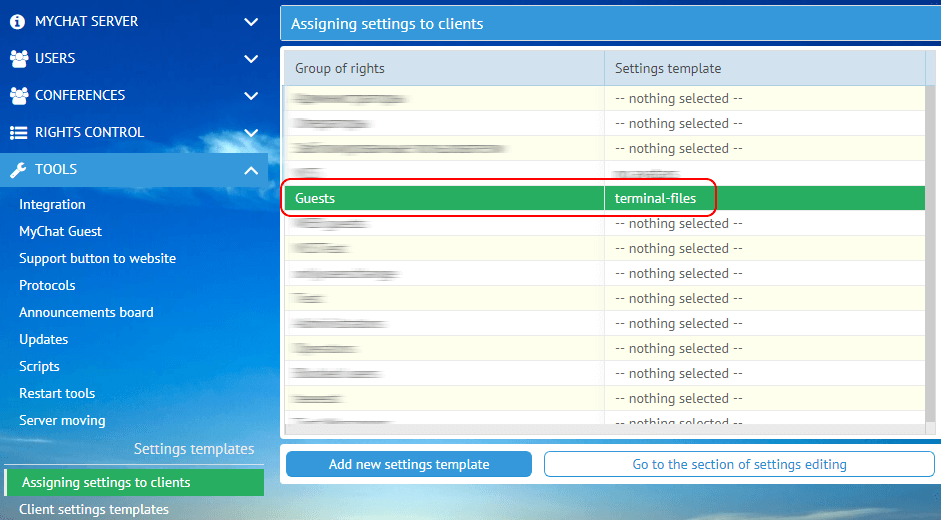 Setting the rights group for terminal server files in the MyChat Admin panel
