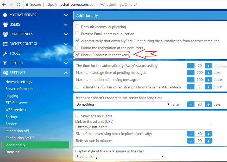 Disabling IP address in tokens when entering MyChat Services
