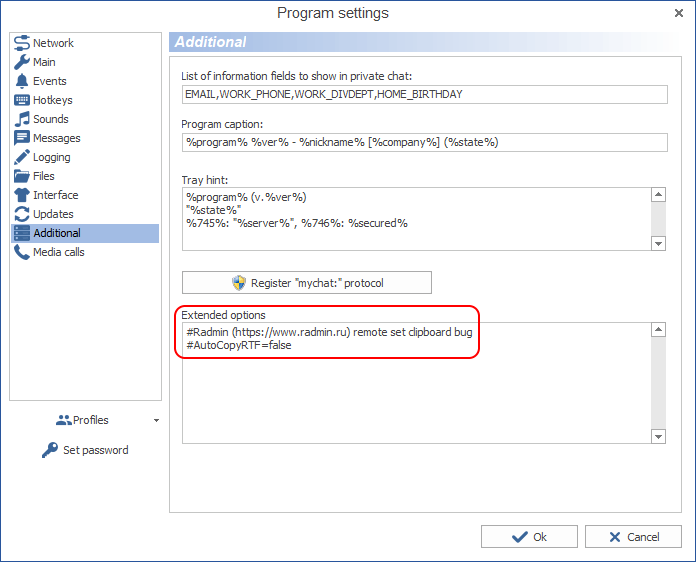 Extended settings in MyChat Client