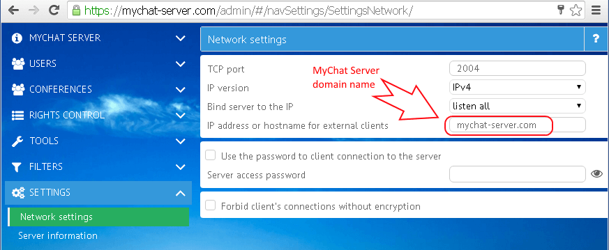Network settings on MyChat Server