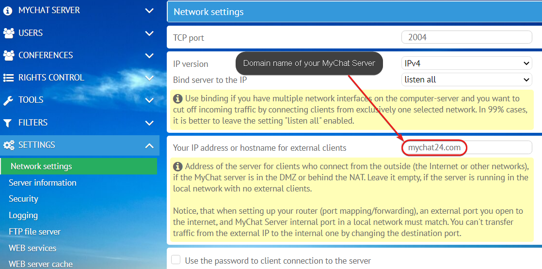 Network settings on MyChat Server