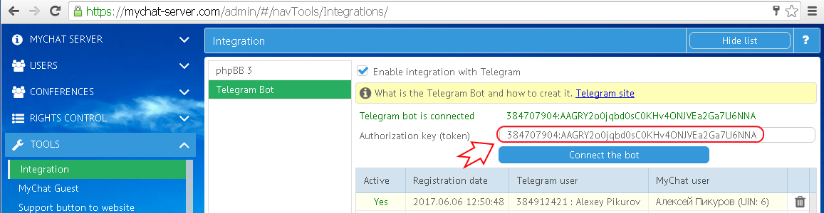 Copying the token for Telegram bot in MyChat