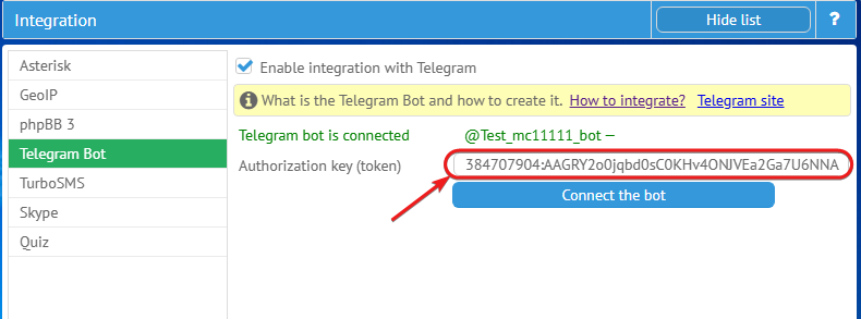 Copying the token for Telegram bot in MyChat