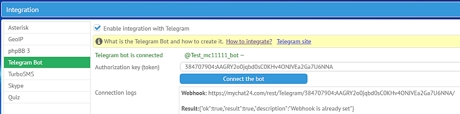 Connecting Telegram bot for MyChat