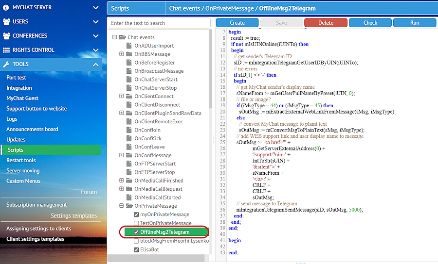 Using the script to send messages from MyChat to Telegram