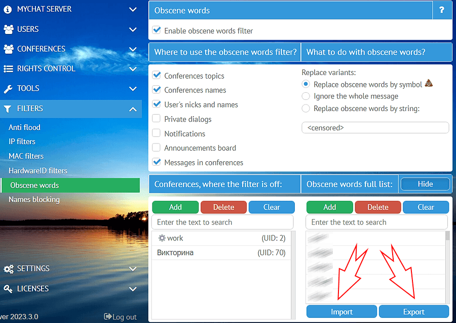 Obscene words filter on MyChat Server