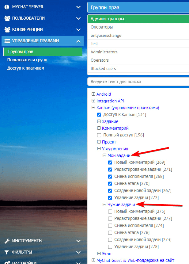 Права Канбан на сервере MyChat