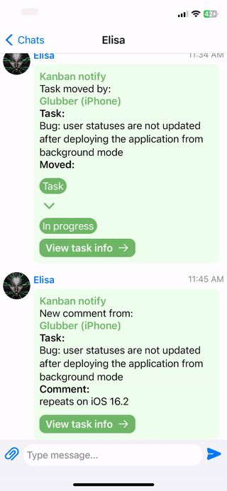 Kanban tasks in MyChat for iOS