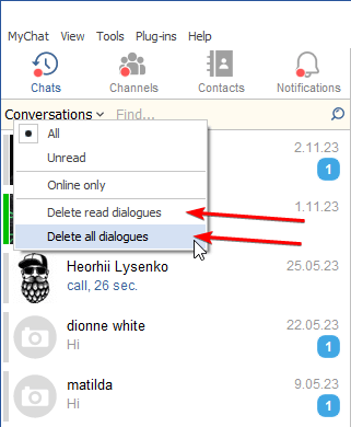 Deleting dialogues in MyChat