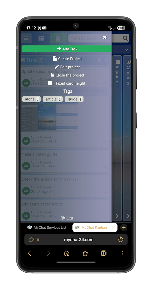 Kanban on Android browser, common settings