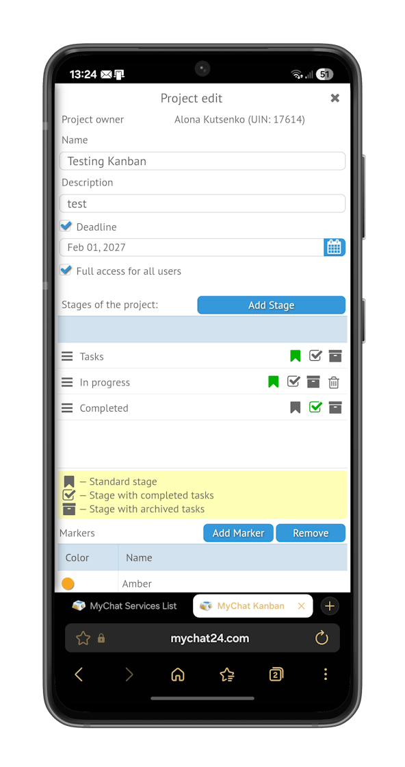 Kanban on Android browser, project settings