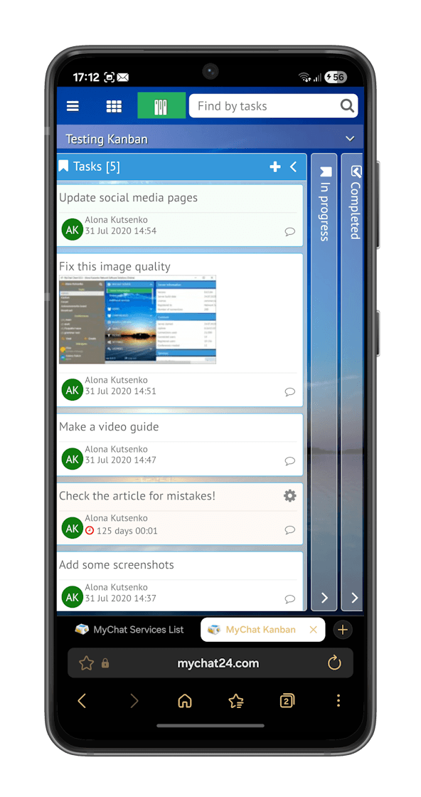 Kanban on Android browser, task list