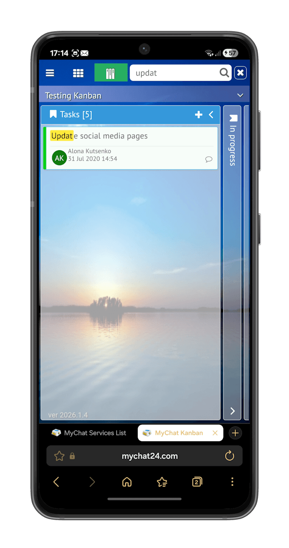 Kanban on Android browser, task search by keyword