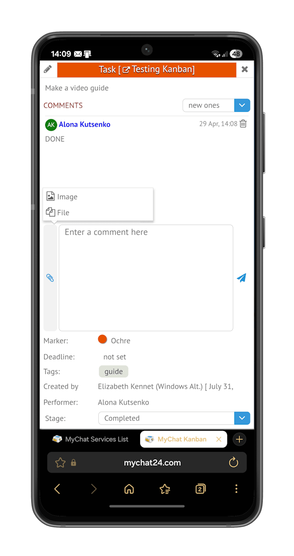 Kanban on Android browser, task stage change