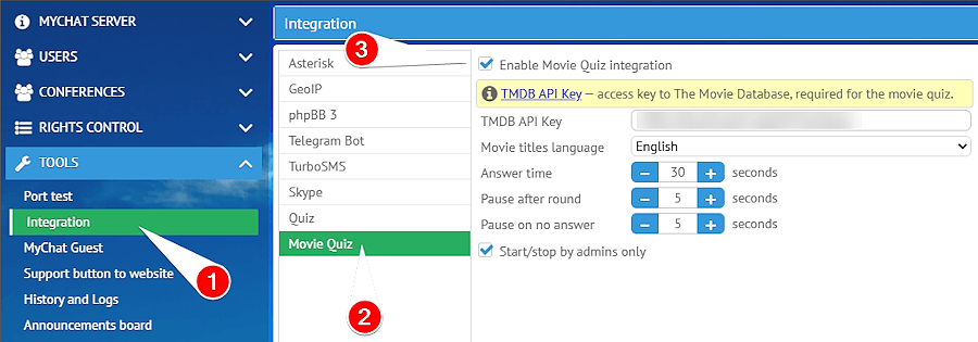 Movie Quiz: start, stop, and restart controls