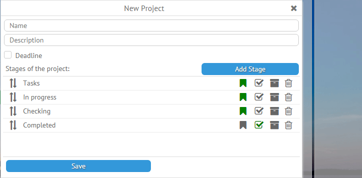 Configuring the stage types when creating a new project