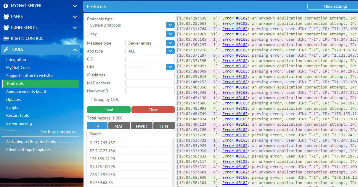 History of protocols on MyChat Server