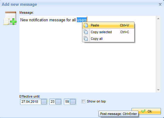 Context menu in MyChat announcement board