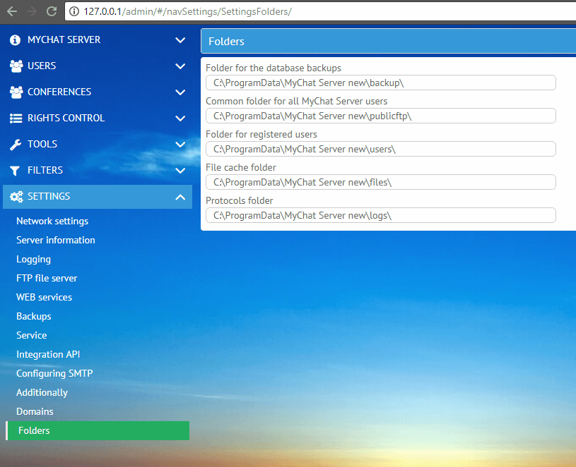 MyChat Server settings to choose folders for user files and work protocols