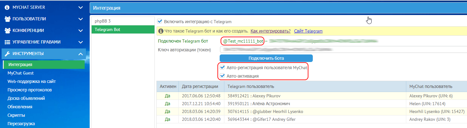 Автоматчна реєстрація та активація користувачів Telegram у MyChat