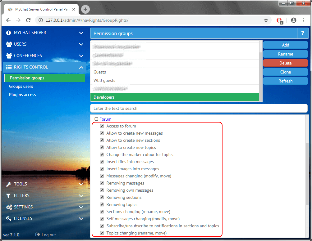 Section to manage user righs in Admin Panel