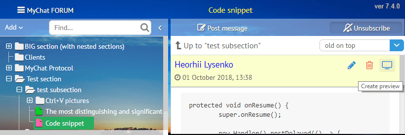 Topic preview on MyChat forum 7.4