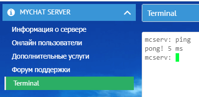 Инструмент Terminal для выполнения консольных команд в MyChat 7.4