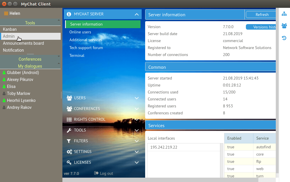 MyChat Client 7.7 Admin Panel in Linux Ubuntu