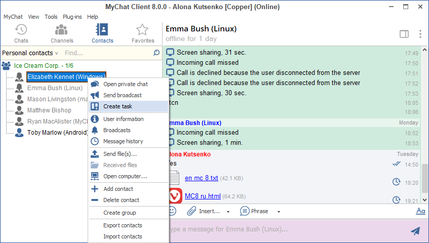 Contact list in MyChat 8