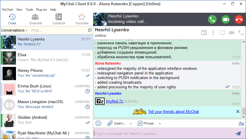 Calls in MyChat Client 8.0