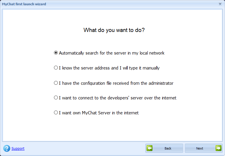 First launch wizard MyChat Client 8.0