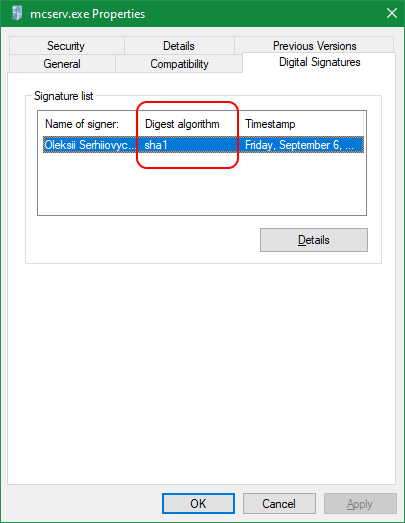 Digital signatures in MyChat Client 8.0