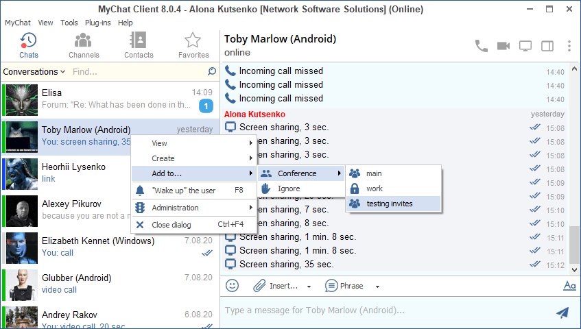 Inviting users in MyChat Client 8.1