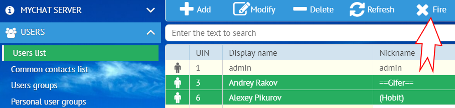 Firing users on MyChat Server via profile