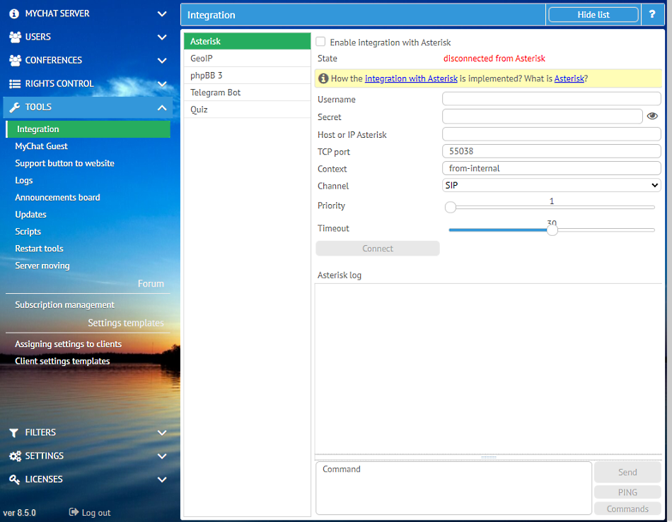 MyChat Server, configuring integration with Asterisk