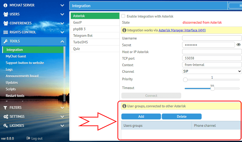 Configuring calls for Asterisk in MyChat Server