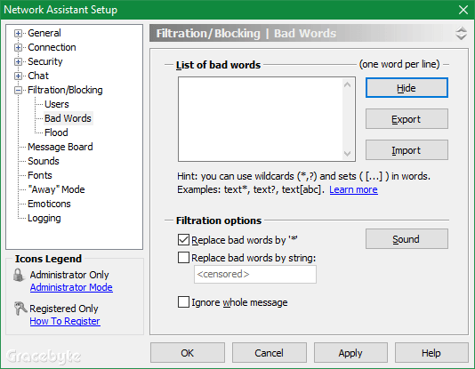 Network Assistant obscene words filter