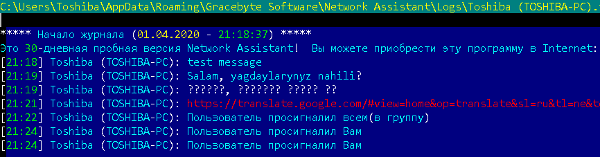 Логи разговоров и системные сообщения Network Assistant