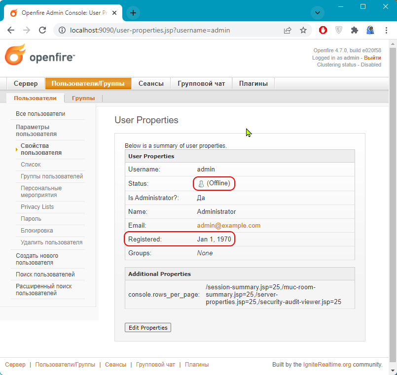 Openfire user properties