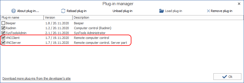 List of plugins for computers remote controle in MyChat